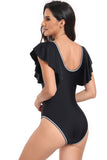 Svart Deep V-Neck One-Piece Tummy Control badedrakt med Ruffle Sleeve