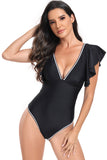 Svart Deep V-Neck One-Piece Tummy Control badedrakt med Ruffle Sleeve