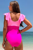 Hot Pink Color Block Criss Cross High Waisted One Piece badedrakter med Ruffle Sleeve