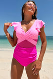 Hot Pink Color Block Criss Cross High Waisted One Piece badedrakter med Ruffle Sleeve