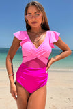 Hot Pink Color Block Criss Cross High Waisted One Piece badedrakter med Ruffle Sleeve