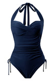 Navy Halter Drawstring Ruched Criss Cross Solid Color One-Piece badedrakt