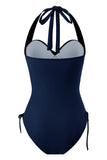 Navy Halter Drawstring Ruched Criss Cross Solid Color One-Piece badedrakt