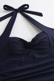 Navy Halter Drawstring Ruched Criss Cross Solid Color One-Piece badedrakt