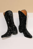 Glitter Svart Mid Calf Paljetter Snip Toe Chunky Heeled Boots