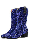 Glitter Svart Mid Calf Paljetter Snip Toe Chunky Heeled Boots