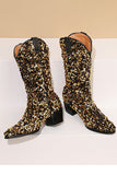 Glitter Svart Mid Calf Paljetter Snip Toe Chunky Heeled Boots