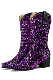 Glitter Svart Mid Calf Paljetter Snip Toe Chunky Heeled Boots