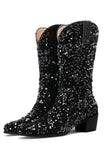 Glitter Svart Mid Calf Paljetter Snip Toe Chunky Heeled Boots