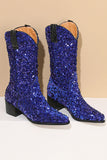 Glitter Svart Mid Calf Paljetter Snip Toe Chunky Heeled Boots