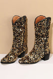 Glitter Svart Mid Calf Paljetter Snip Toe Chunky Heeled Boots