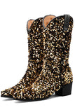 Glitter Svart Mid Calf Paljetter Snip Toe Chunky Heeled Boots