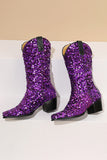 Glitter Svart Mid Calf Paljetter Snip Toe Chunky Heeled Boots