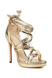 Kvinners Golden Metallic Strappy Stilletos Hæler Sandaler Sko med sommerfugl