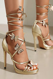 Kvinners Golden Metallic Strappy Stilletos Hæler Sandaler Sko med sommerfugl