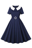 Navy Rund Hals A Line Vintage 1950-talls Kjole