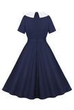 Navy Rund Hals A Line Vintage 1950-talls Kjole