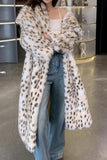 Leopardmønster Åpen Front Lang Shaggy Shearling Kåpe