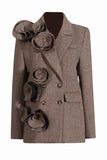 Kaffe Herringbone Hakket Lapel Women Blazer med 3D Flower