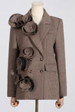 Kaffe Herringbone Hakket Lapel Women Blazer med 3D Flower