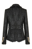 Svart Tweed Notched Lapel Women jakke med belte