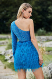 Glitrende blå One Shoulder Sleeve Sequined Feather Homecoming Kjole