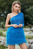 Glitrende blå One Shoulder Sleeve Sequined Feather Homecoming Kjole