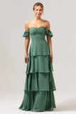 Eukalyptus A-linje Off The Shoulder Ruffled Chiffon Lang brudepikekjole