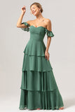 Eukalyptus A-linje Off The Shoulder Ruffled Chiffon Lang brudepikekjole