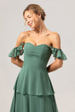 Eukalyptus A-linje Off The Shoulder Ruffled Chiffon Lang brudepikekjole