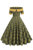 Off The Shoulder Green Grid Vintage 1950-talls kjole