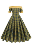 Off The Shoulder Green Grid Vintage 1950-talls kjole