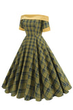 Off The Shoulder Green Grid Vintage 1950-talls kjole