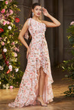 Rosa Floral Havfrue One Shoulder Ruffle Lang Ballkjole med Splitt