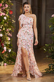 Rosa Floral Havfrue One Shoulder Ruffle Lang Ballkjole med Splitt