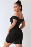 Svart glitrende Off The Shoulder Beading Bodycon kort cocktailkjole