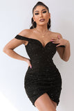 Svart glitrende Off The Shoulder Beading Bodycon kort cocktailkjole