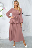 Dusty Rose A-linje lagdelt chiffon lang festkjole med lange ermer