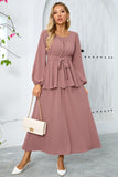 Dusty Rose A-linje lagdelt chiffon lang festkjole med lange ermer