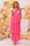 Fuchsia One Shoulder A Line Tiered Tyll Lang Ballkjole