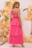 Fuchsia One Shoulder A Line Tiered Tyll Lang Ballkjole