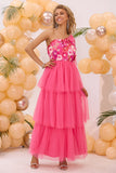 Fuchsia One Shoulder A Line Tiered Tyll Lang Ballkjole