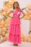 Fuchsia One Shoulder A Line Tiered Tyll Lang Ballkjole