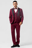 Burgundy 3 Pieces Peak Lapel Balldresser for menn