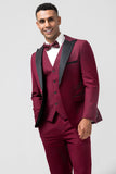 Burgundy 3 Pieces Peak Lapel Balldresser for menn