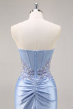 Glitrende Blå Havfrue Korsett Sateng Lang Ballkjole Med Splitt