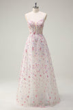 Stilig Rosa A Line Spaghetti Stropper Floral Beaded Ballkjole med Lace Up Back