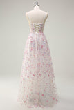 Stilig Rosa A Line Spaghetti Stropper Floral Beaded Ballkjole med Lace Up Back