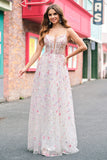 Stilig Rosa A Line Spaghetti Stropper Floral Beaded Ballkjole med Lace Up Back