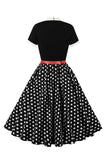 En linje Svart Polka Dots korte ermer 1950-tallet kjole med belte